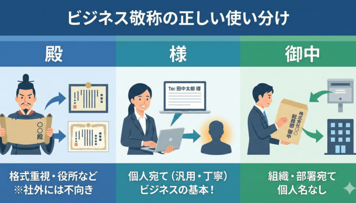 ビジネス敬称の正しい使い分けの説明図