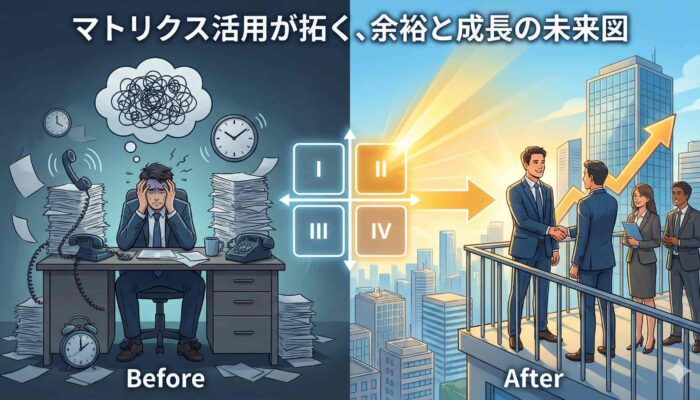 アイゼンハワーマトリクスの活用で、忙しい現状（Before）から余裕のある成長した未来（After）へ変化する様子を描いたイメージ図